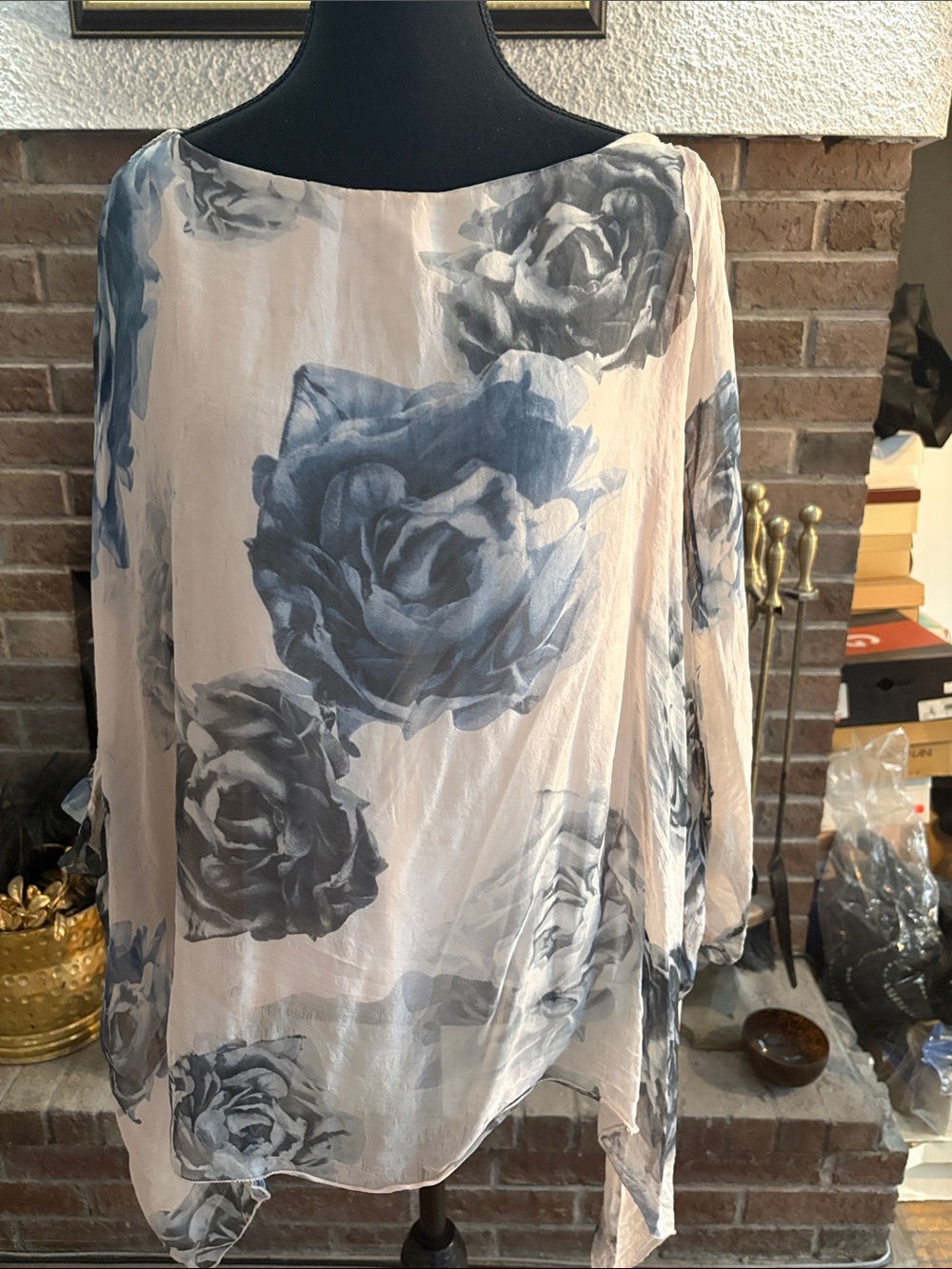 Source Unknown Pale Pink Blouse with Blue Rose Print